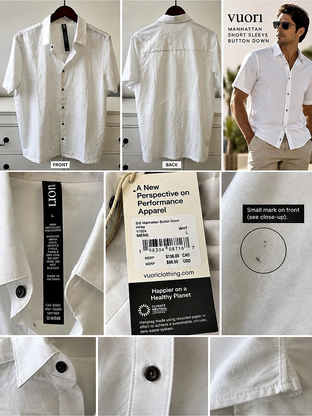 Vuori Manhattan Button Down Shirt Men’s L White Short Sleeve NWT